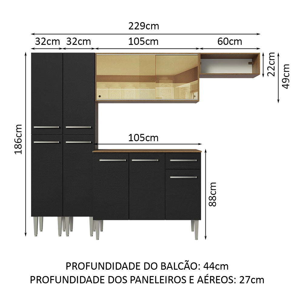 Armário de Cozinha Completa 229cm Rustic/Preto Emilly Madesa 09