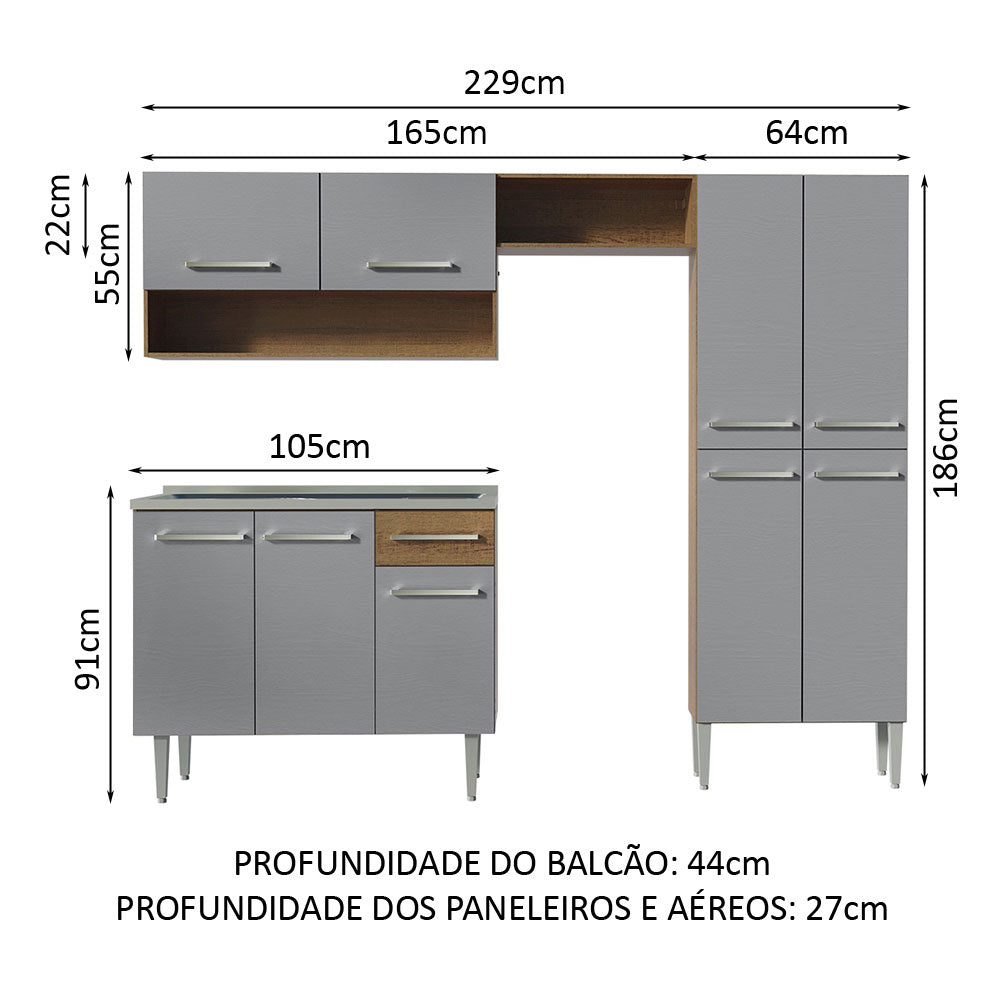 Armário de Cozinha Compacta 229cm com Pia Rustic/Cinza Emilly Madesa 10