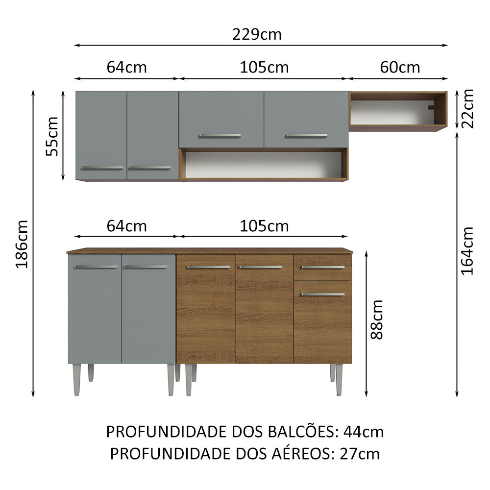Armário de Cozinha Compacta 229cm Rustic/Cinza Emilly Madesa 13