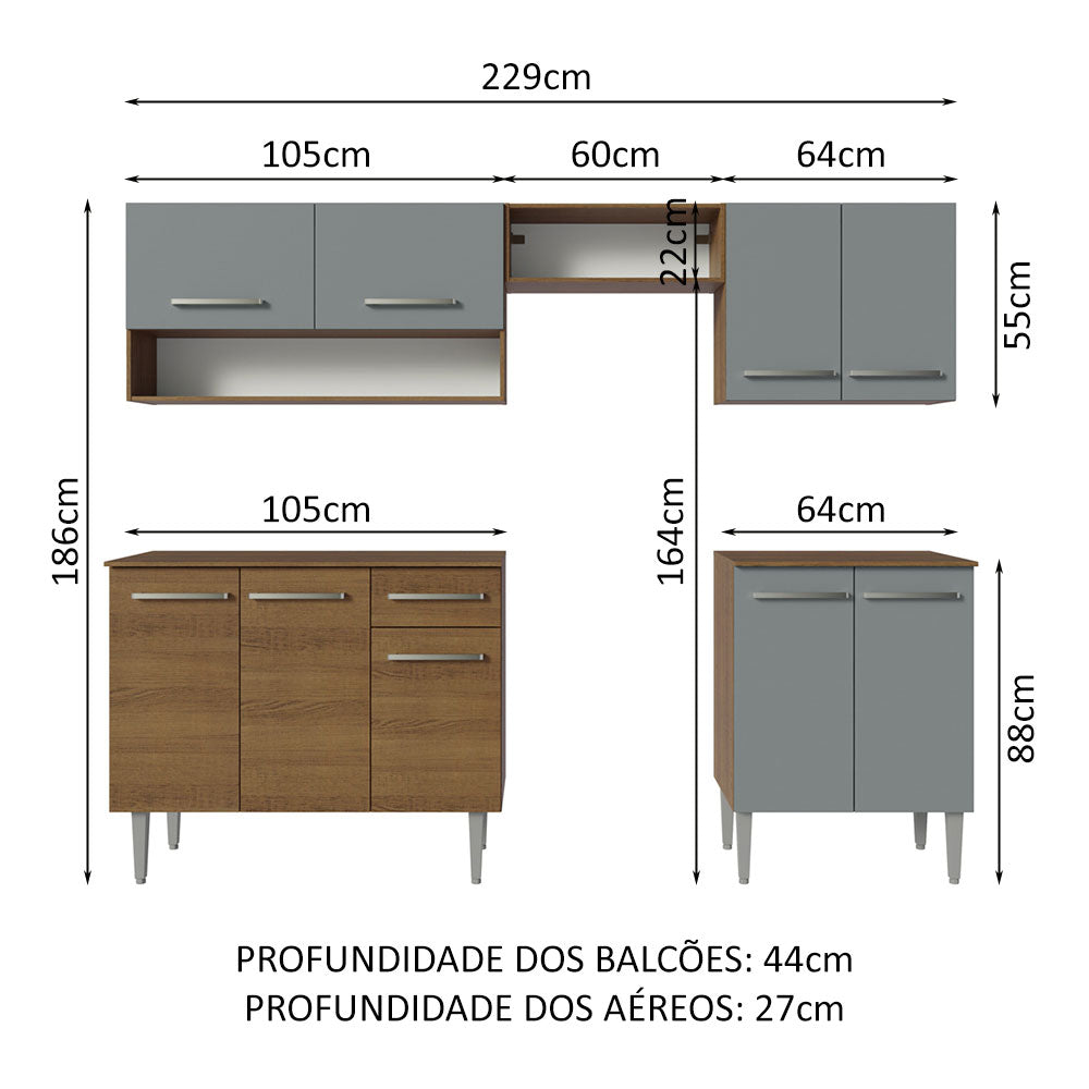 Armário de Cozinha Compacta 229cm Rustic/Cinza Emilly Madesa 15