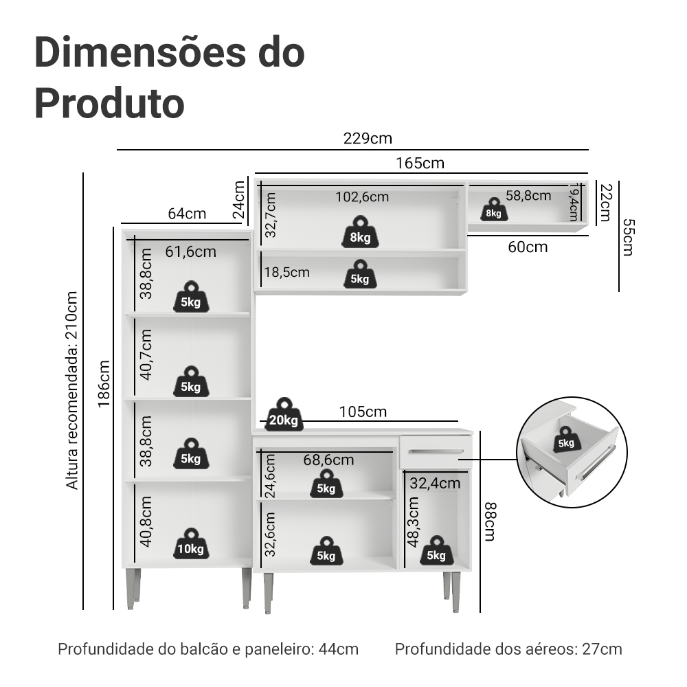 Armário de Cozinha Completa 229cm Branco Emilly Madesa 18