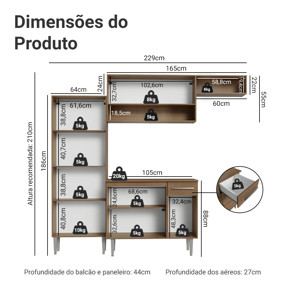 Armário de Cozinha Completa 229cm Rustic/Preto Emilly Madesa 18