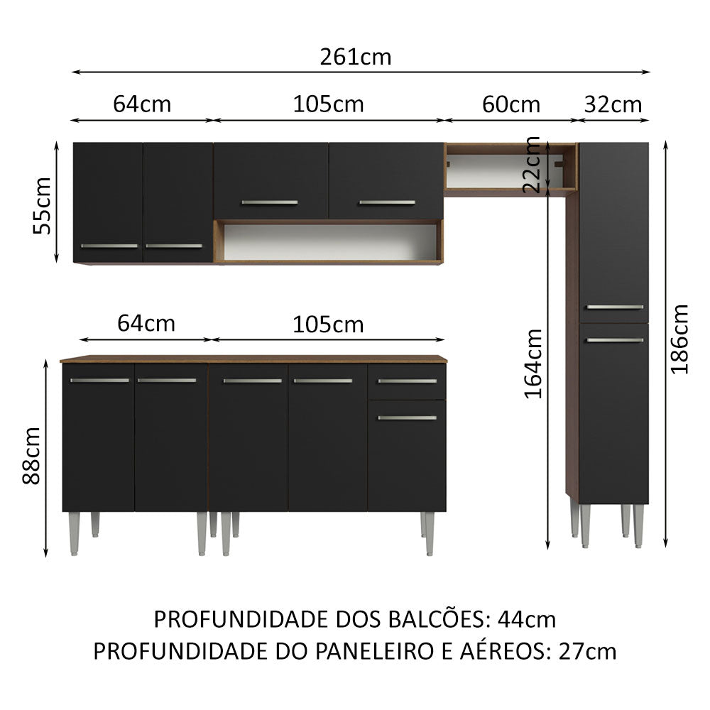 Armário de Cozinha Compacta 261 cm Rustic/Preto Emilly Madesa 09