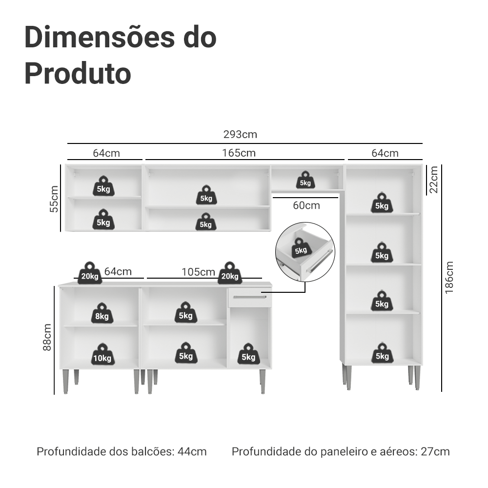 Armário de Cozinha Completa 293cm Branco Emilly Madesa 01