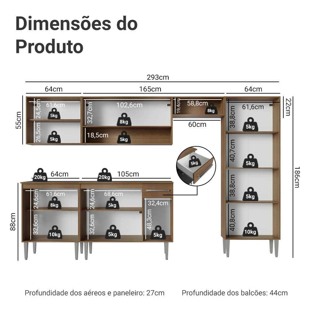 Armário de Cozinha Completa 293cm Rustic/Preto Emilly Madesa 01