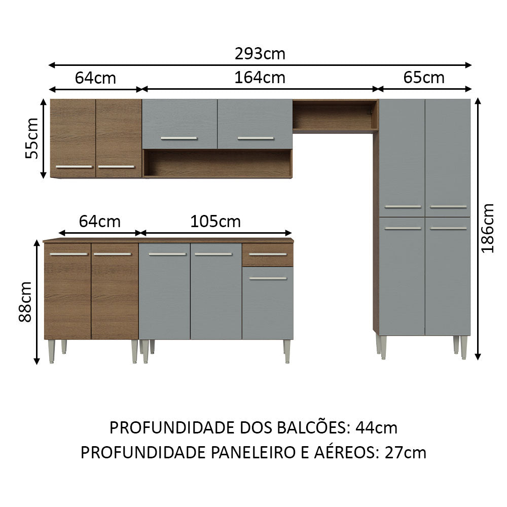 Armário de Cozinha Completa 293cm Rustic/Cinza/Rustic Emilly Madesa 01