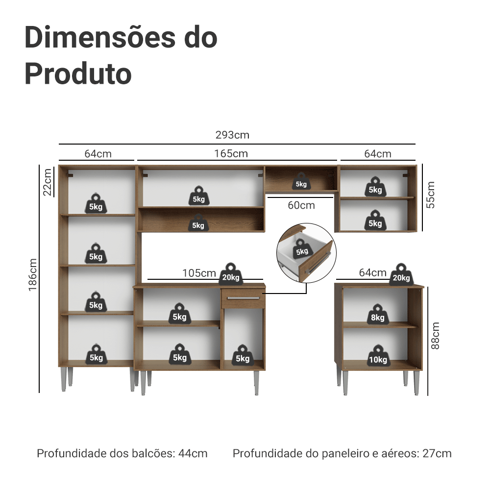 Armário de Cozinha Completa 293cm Rustic/Branco Emilly Madesa 02