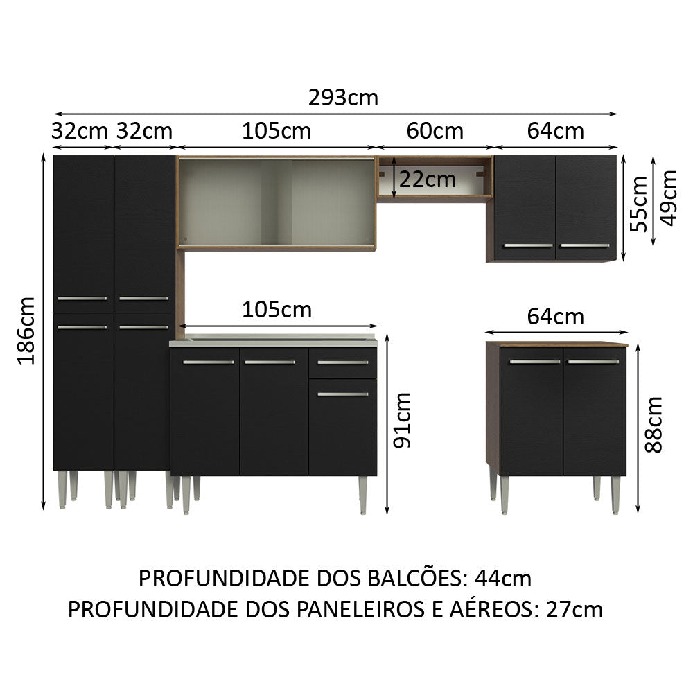 Armário de Cozinha Completa 293cm com Pia Rustic/Preto Emilly Madesa 06
