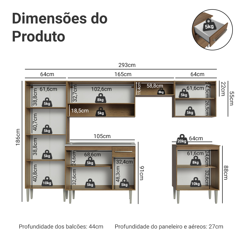 Armário de Cozinha Completa 293cm com Pia Rustic Emilly Madesa 08