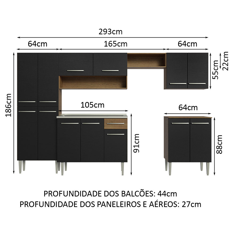 Armário de Cozinha Completa 293cm com Pia Rustic/Preto Emilly Madesa 08
