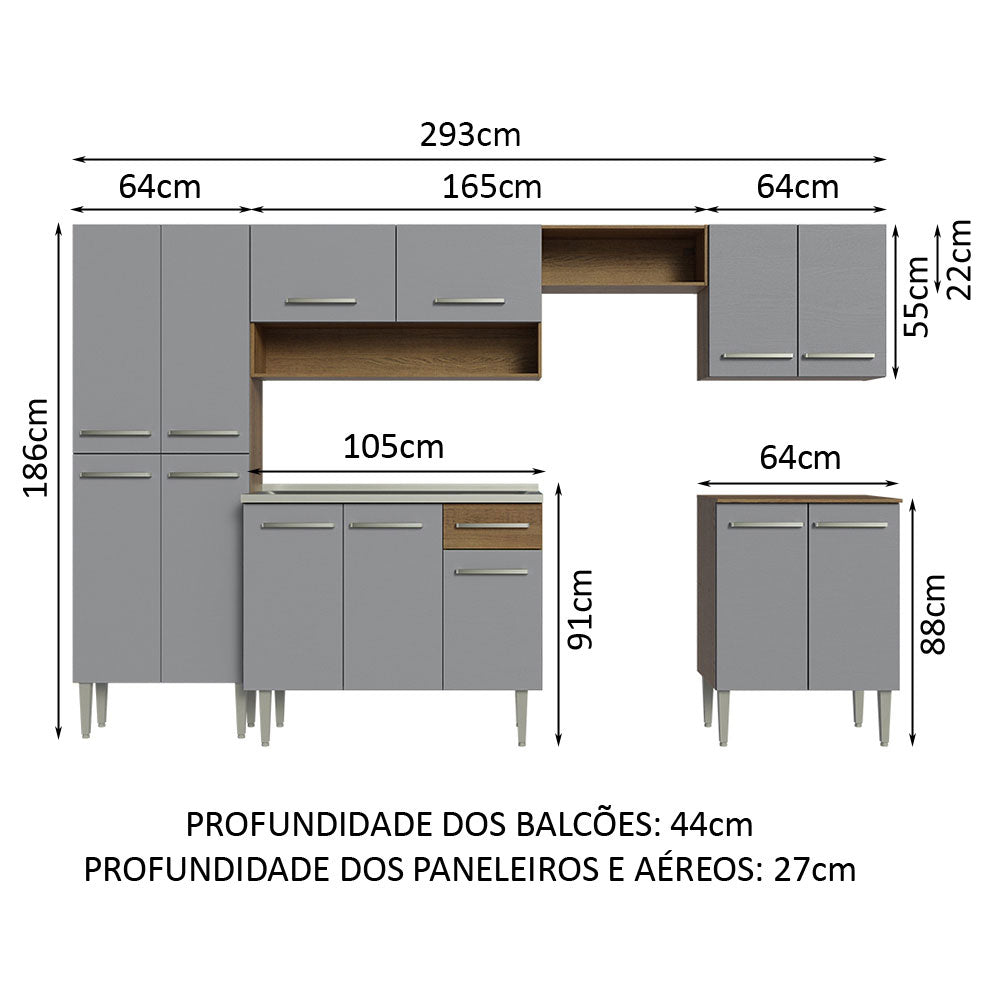 Armário de Cozinha Completa 293cm com Pia Rustic/Cinza Emilly Madesa 08