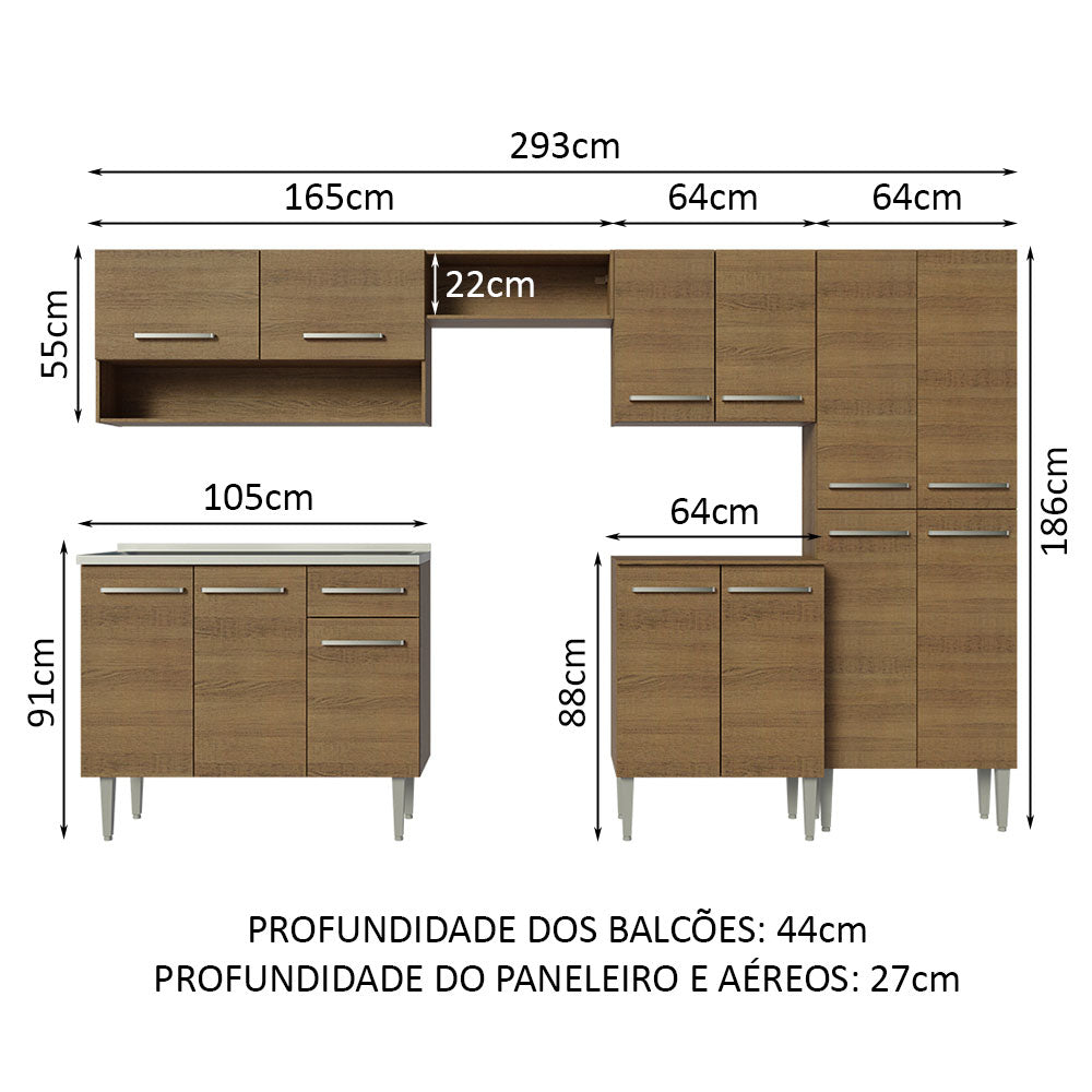 Armário de Cozinha Completa 293cm com Pia Rustic Emilly Madesa 09