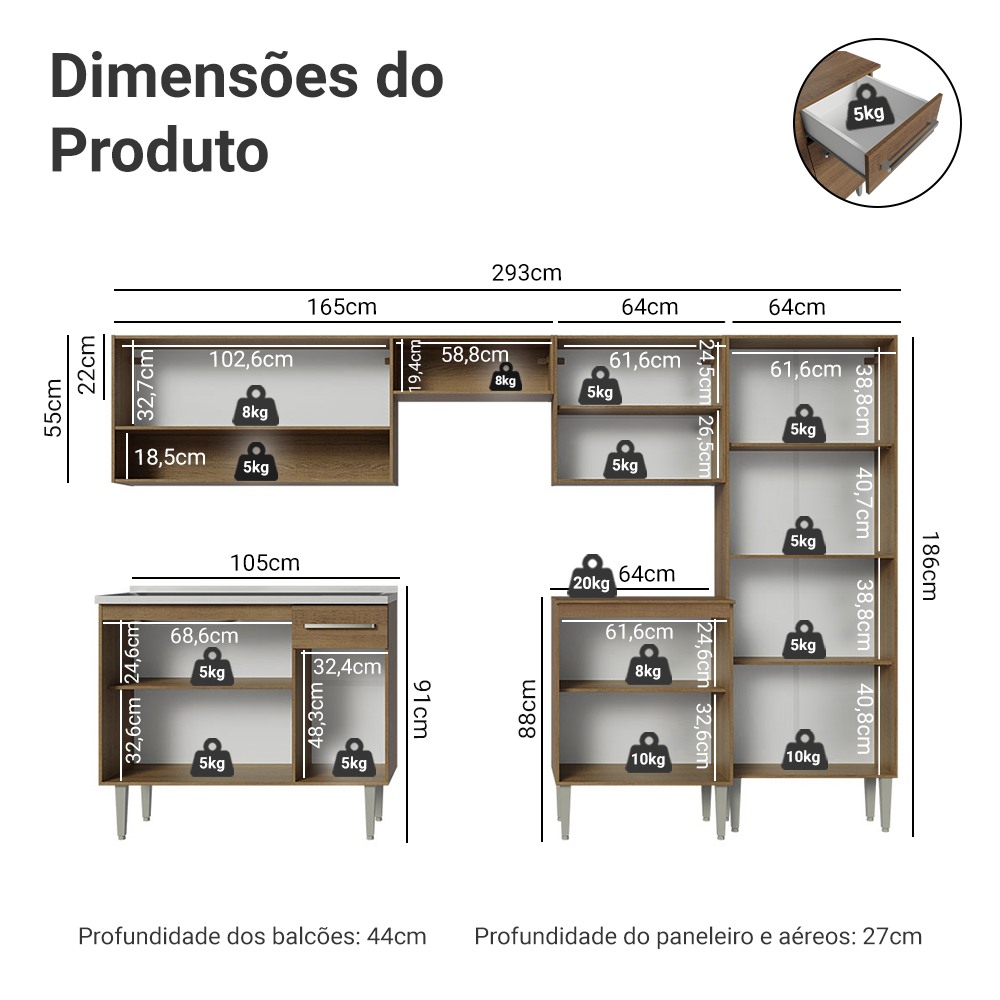 Armário de Cozinha Completa 293cm com Pia Rustic Emilly Madesa 09