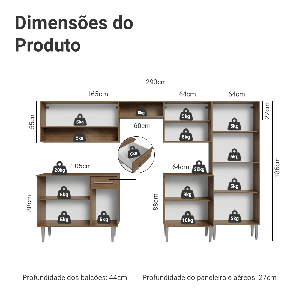 Armário de Cozinha Completa 293cm com Pia Rustic/Branco Emilly Madesa 09
