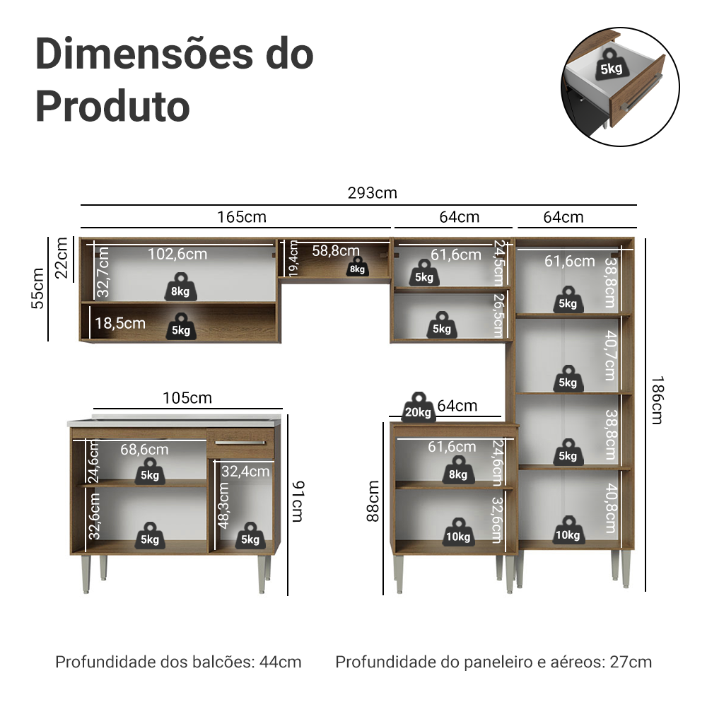 Armário de Cozinha Completa 293cm com Pia Rustic/Preto Emilly Madesa 09