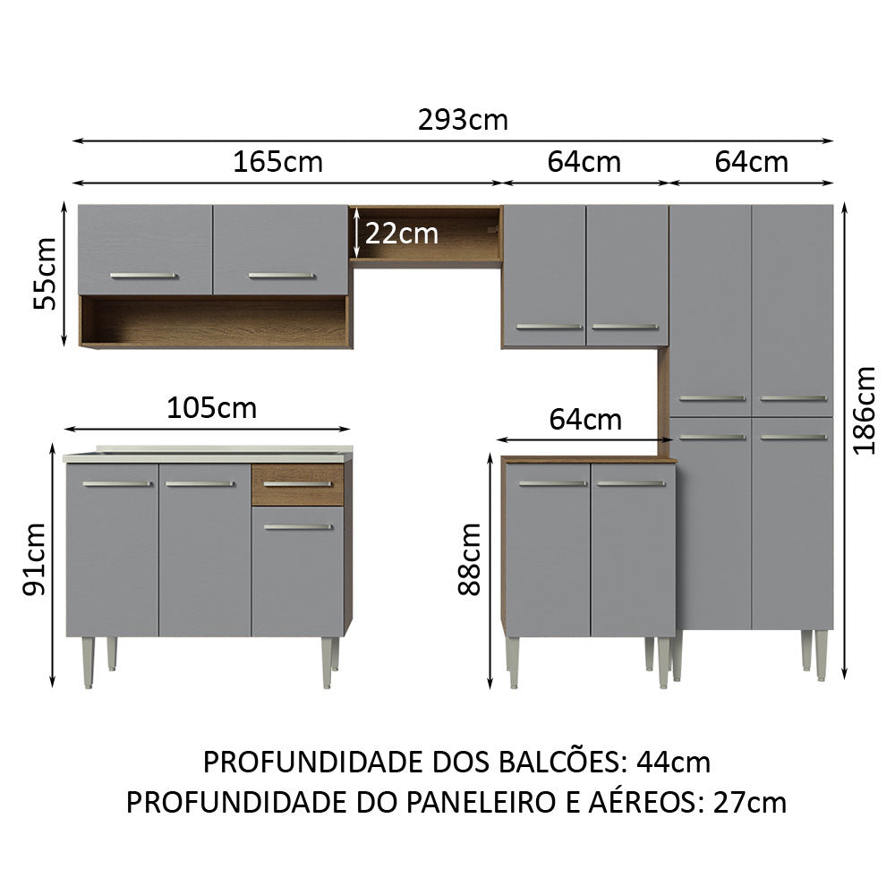 Armário de Cozinha Completa 293cm com Pia Rustic/Cinza Emilly Madesa 09