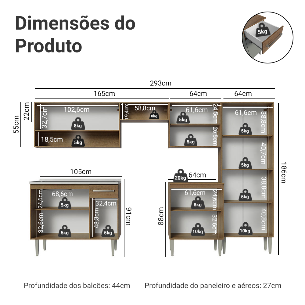 Armário de Cozinha Completa 293cm com Pia Rustic/Cinza Emilly Madesa 09