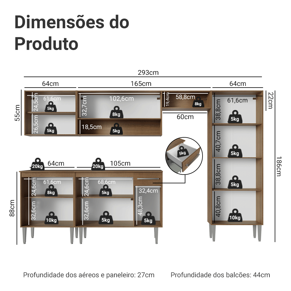 Armário de Cozinha Completa 293cm Rustic/Cinza Emilly Madesa 011