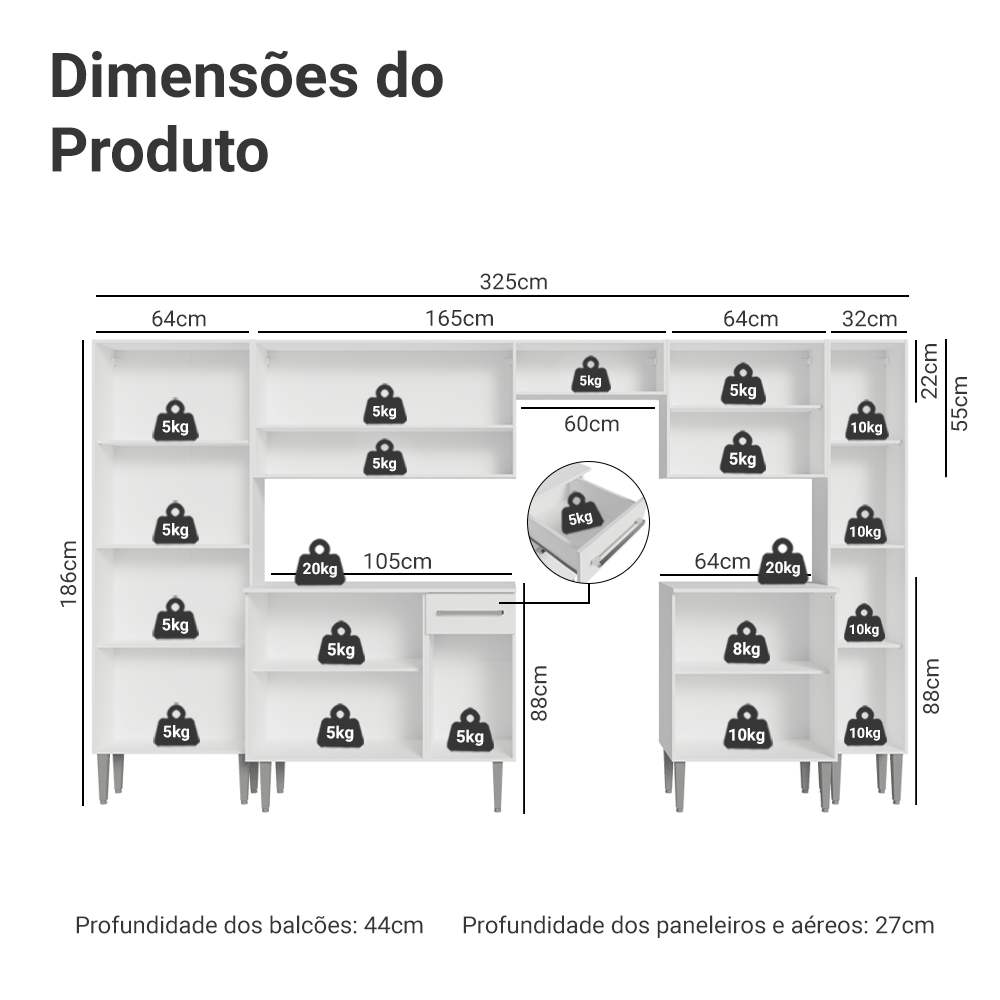 Armário de Cozinha Completa 325cm Branco Emilly Madesa 01