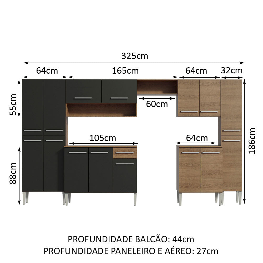 Armário de Cozinha Completa 325cm Rustic/Preto Emilly Joy Madesa 01