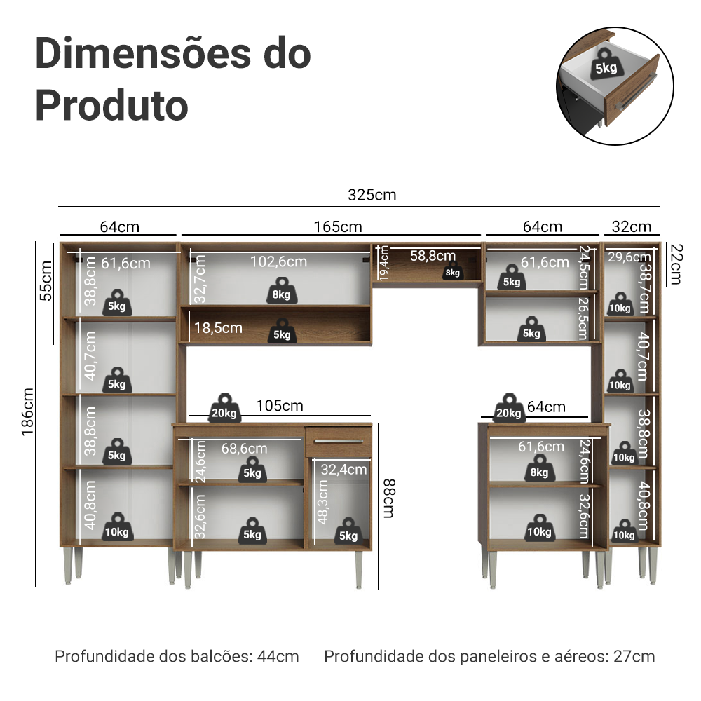 Armário de Cozinha Completa 325cm Preto/Rustic Emilly Joy Madesa