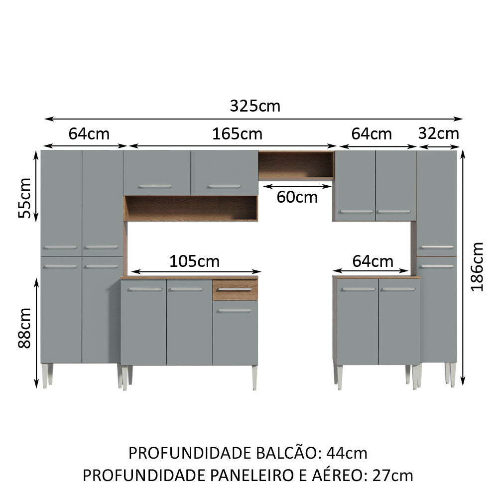 Armário de Cozinha Completa 325cm Cinza/Rustic Emilly Joy Madesa 01