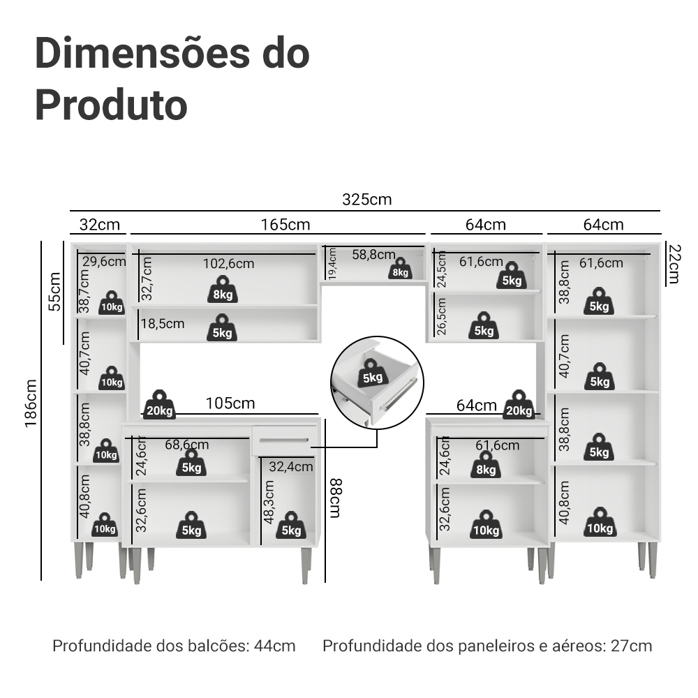 Armário de Cozinha Completa 325cm Branco Emilly Madesa 02