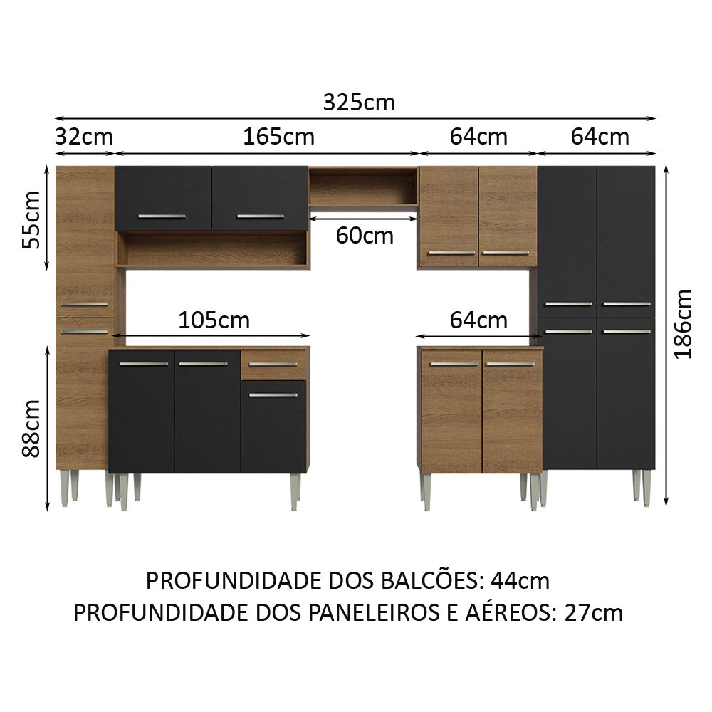 Armário de Cozinha Completa 325cm Rustic/Preto/Rustic Emilly Madesa 02