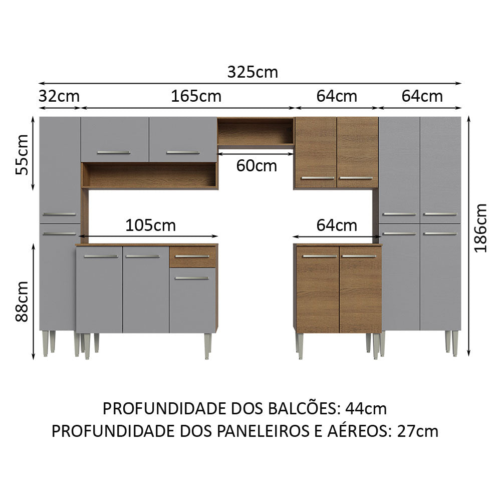 Armário de Cozinha Completa 325cm Rustic/Cinza Emilly Madesa 02