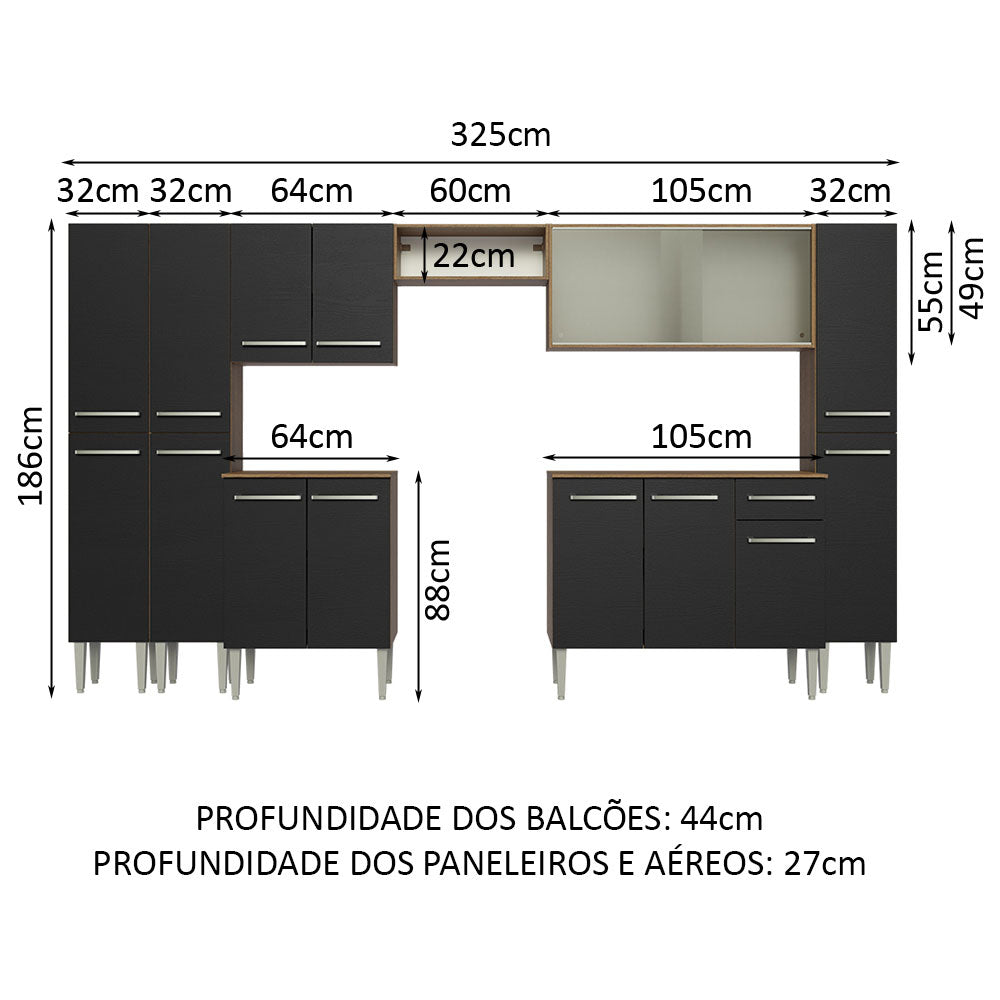 Armário de Cozinha Completa 325cm Rustic/Preto Emilly Madesa 03