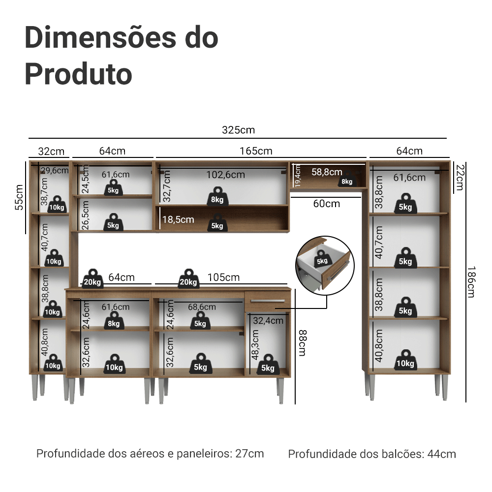 Armário de Cozinha Completa 325cm Rustic/Cinza Emilly Madesa 07