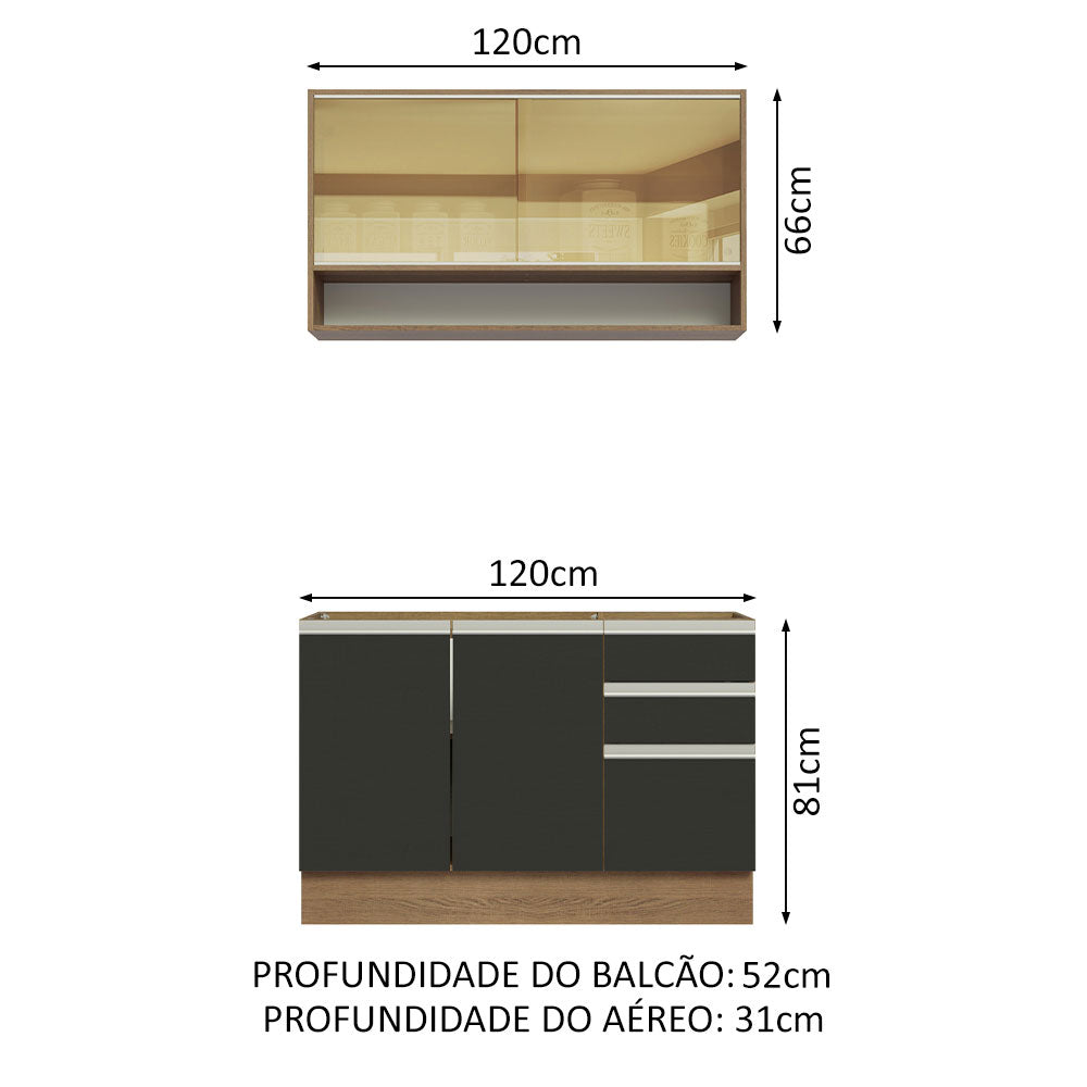 Armário de Cozinha Compacta 120cm Rustic/Preto Glamy Madesa 02