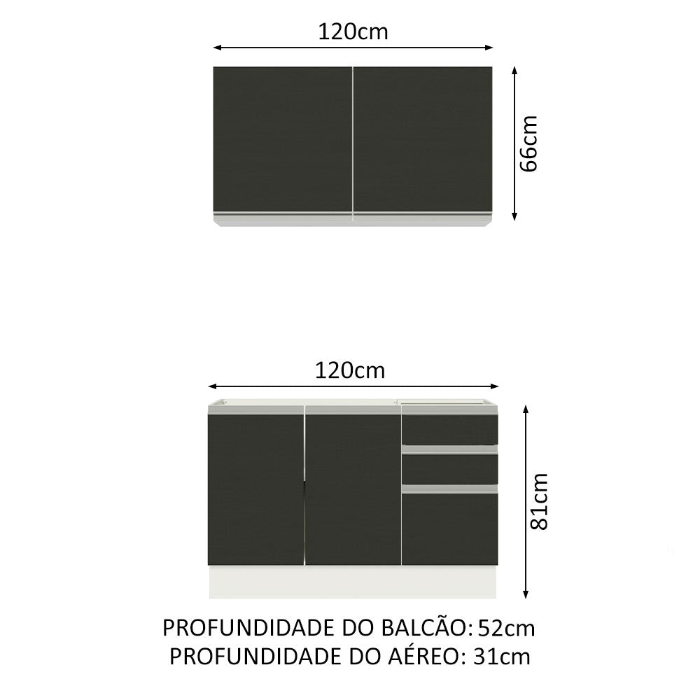 Armário de Cozinha Compacta 120cm Branco/Preto Glamy Madesa 03