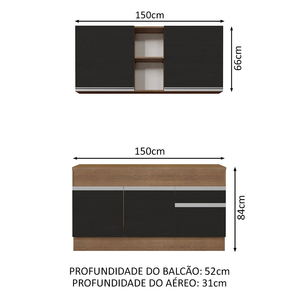 Armário de Cozinha Compacta 150cm Rustic/Preto Glamy Madesa 01