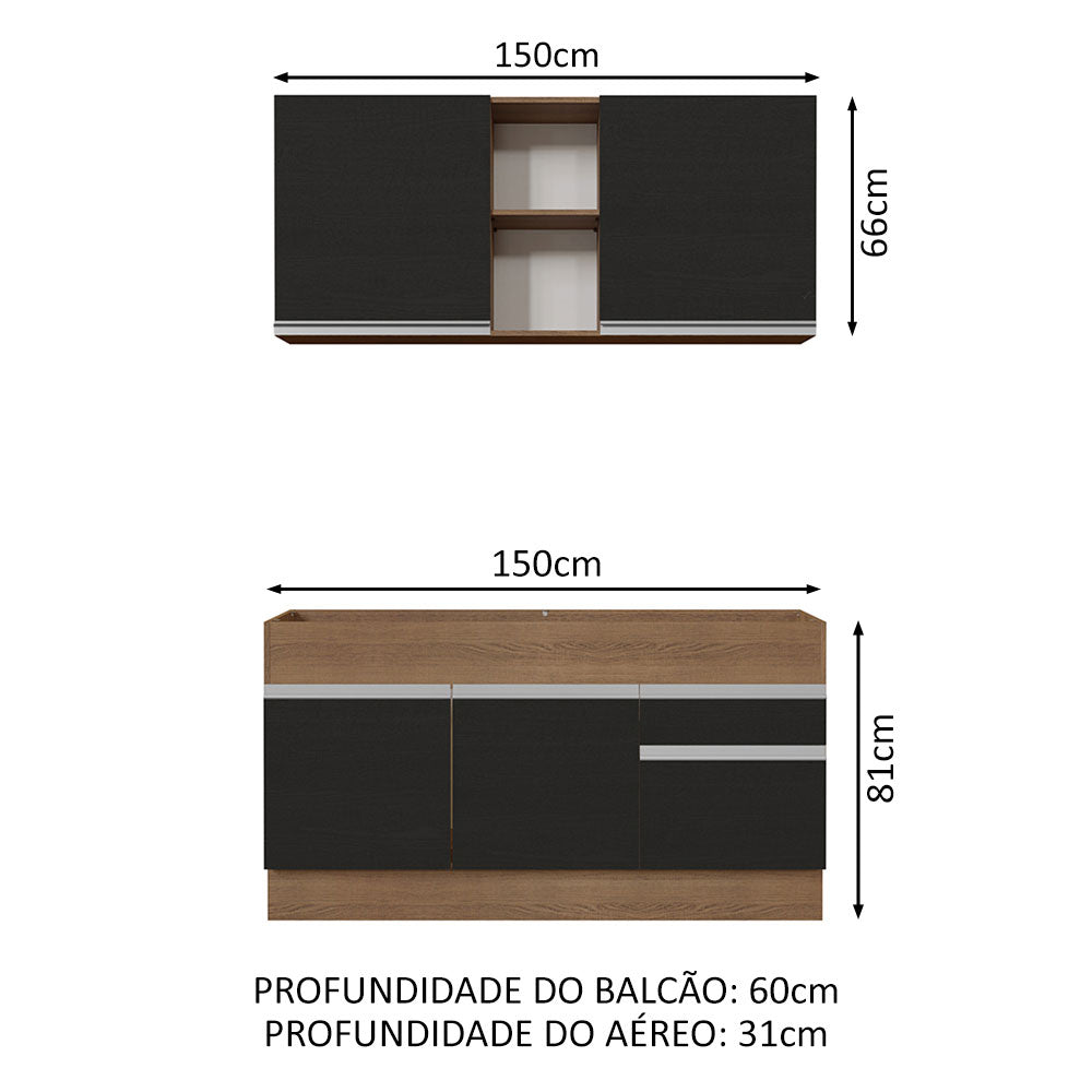 Armário de Cozinha Compacta 150cm Rustic/Preto Glamy Madesa 02