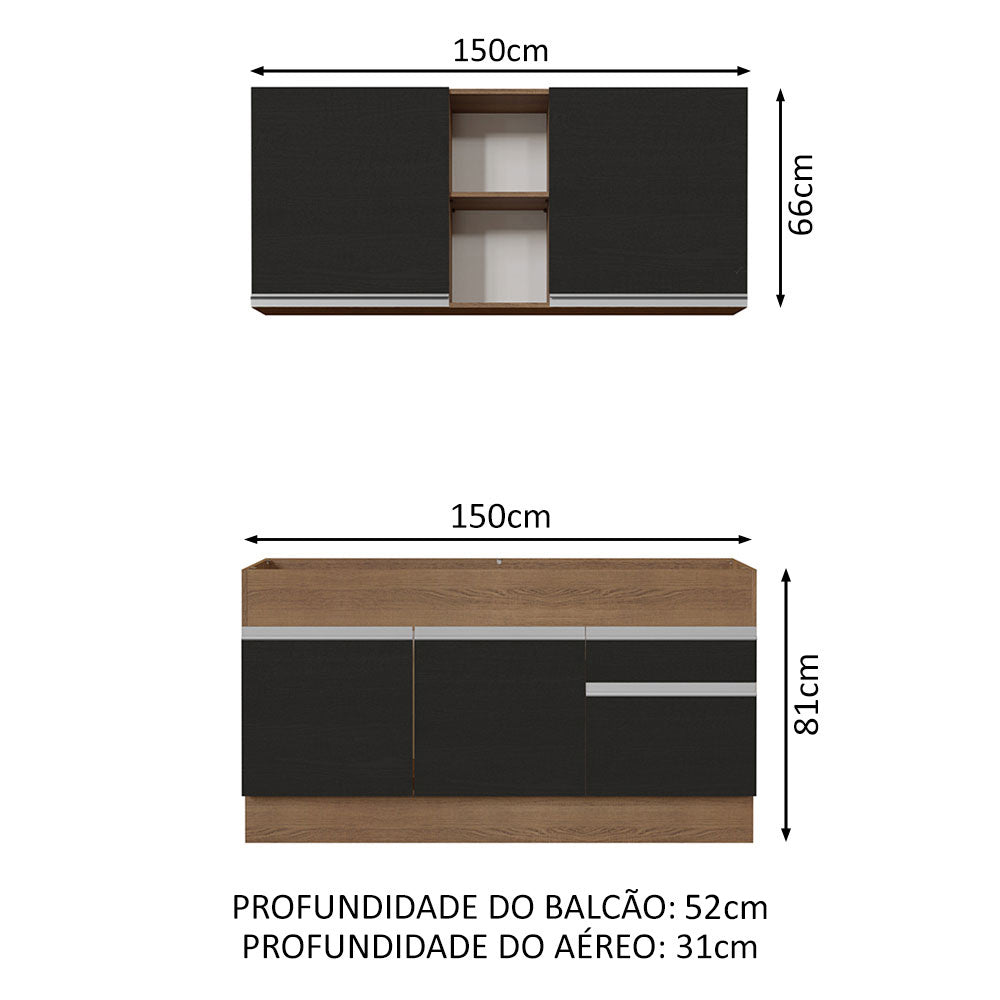 Armário de Cozinha Compacta 150cm Rustic/Preto Glamy Madesa 02