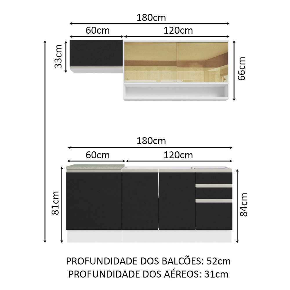 Armário de Cozinha Compacta 180cm Branco Preto Glamy Madesa 08