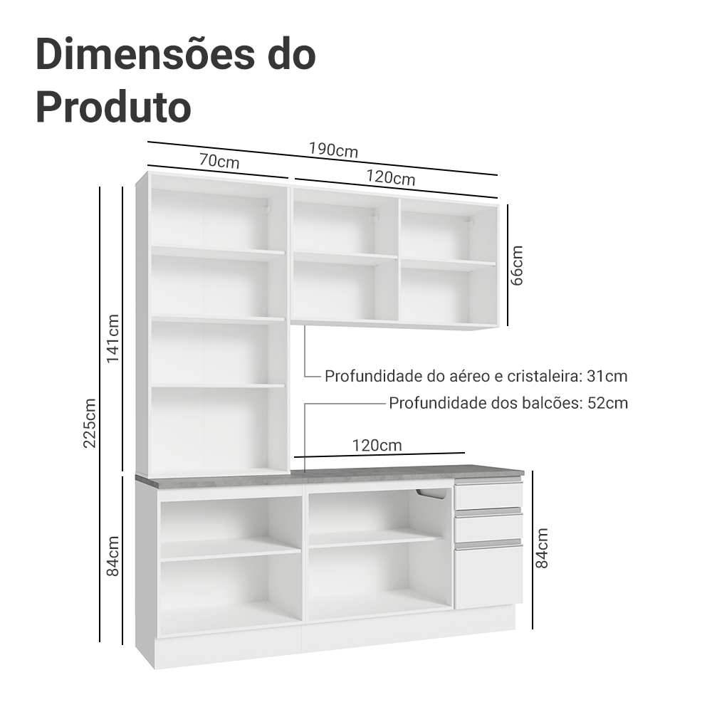Armário de Cozinha Compacta 190cm Branco Glamy Madesa 05