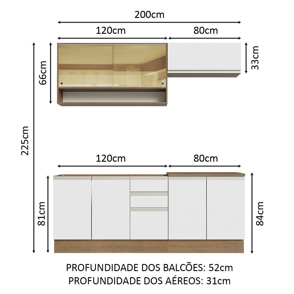 Armário de Cozinha Compacta 200cm Rustic Branco Glamy Madesa 03