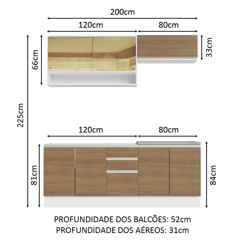 Armário de Cozinha Compacta 200cm Branco Rustic Glamy Madesa 03