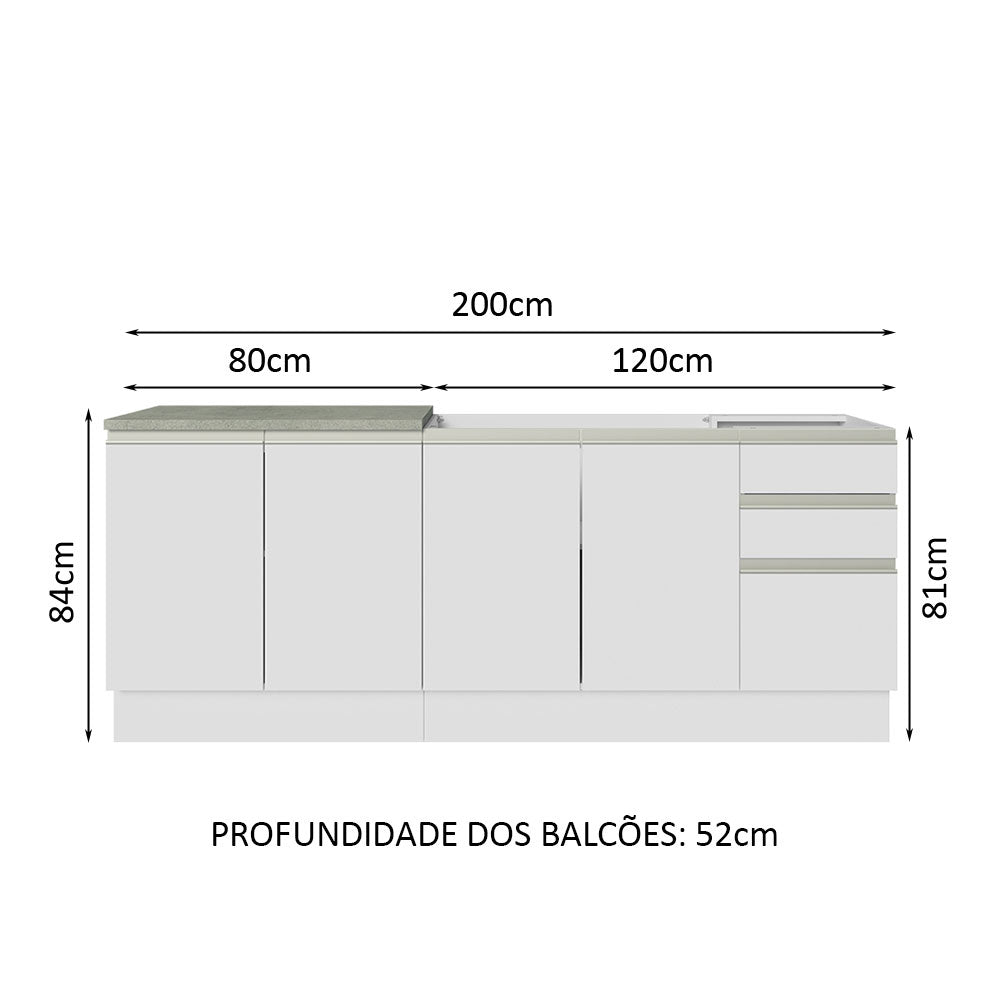 Kit com 2 Balcões de Cozinha Madesa Glamy 4 Portas 3 Gavetas (Sem Tampo e Pia) Branco Branco