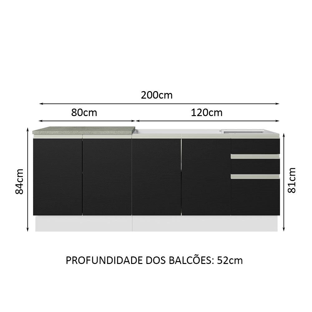 Kit com 2 Balcões de Cozinha Madesa Glamy 4 Portas 3 Gavetas (Sem Tampo e Pia) Branco/Preto Branco/Preto
