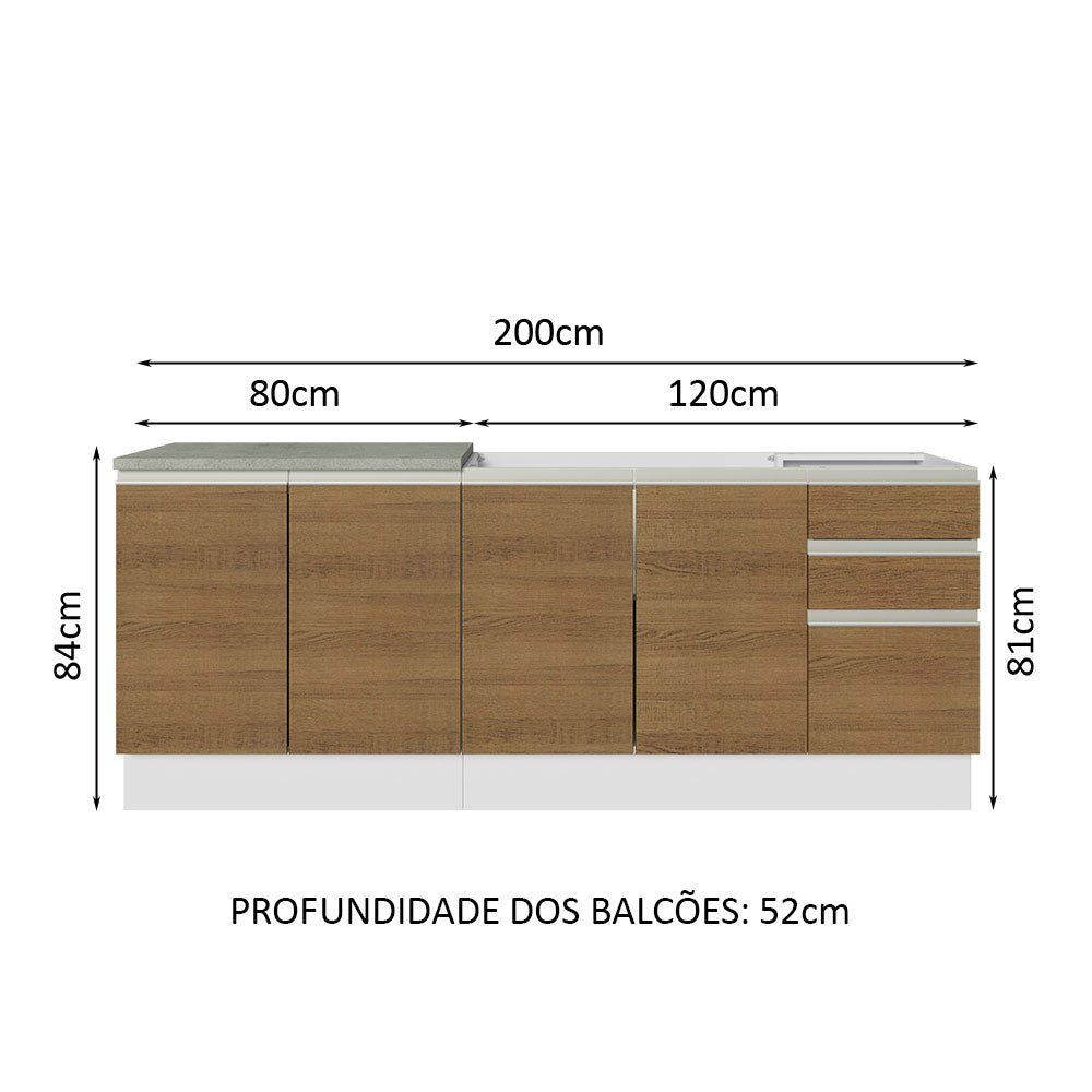 Kit com 2 Balcões de Cozinha Madesa Glamy 4 Portas 3 Gavetas (Sem Tampo e Pia) Branco/Rustic Branco/Rustic