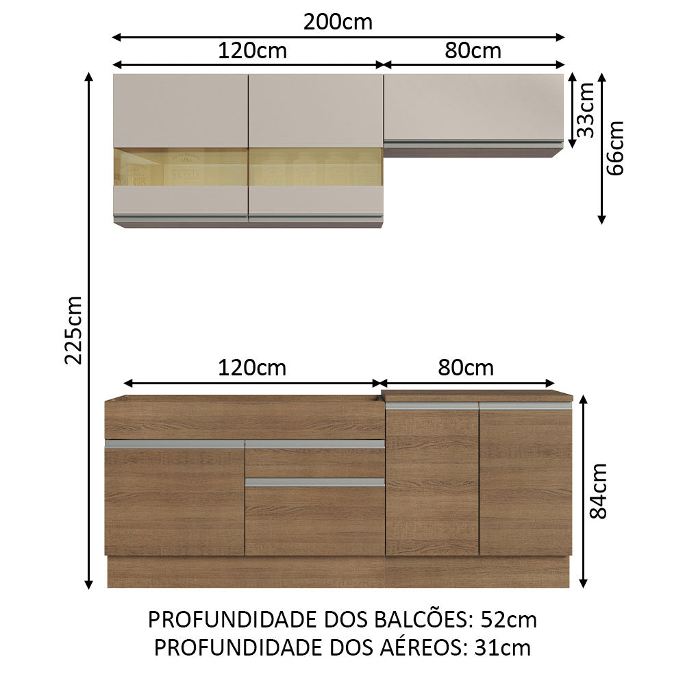 Armário de Cozinha Compacta 200cm Rustic/Crema Glamy Madesa 07