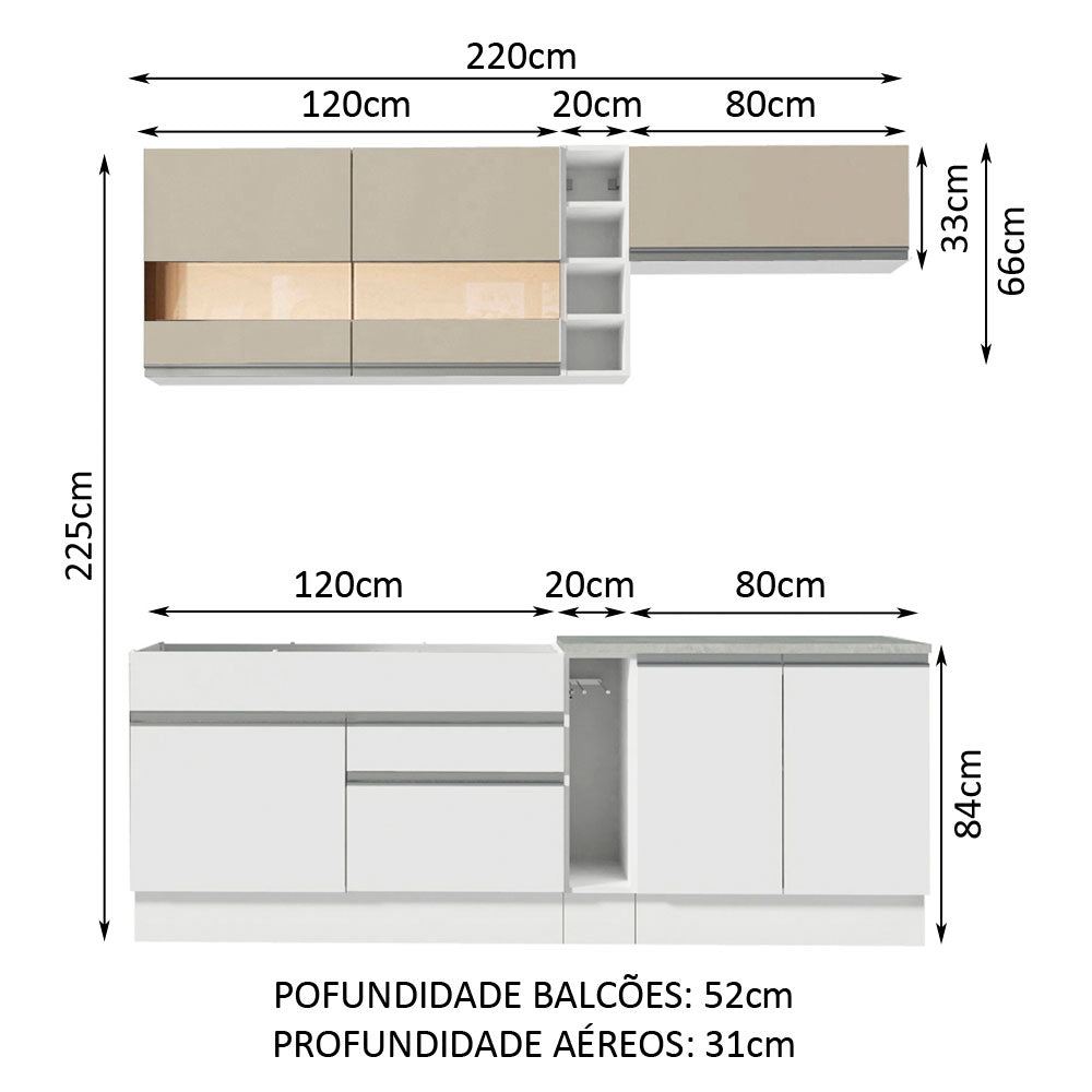 Armário de Cozinha Completa 220cm Branco/Branco/Crema Parma Madesa 02