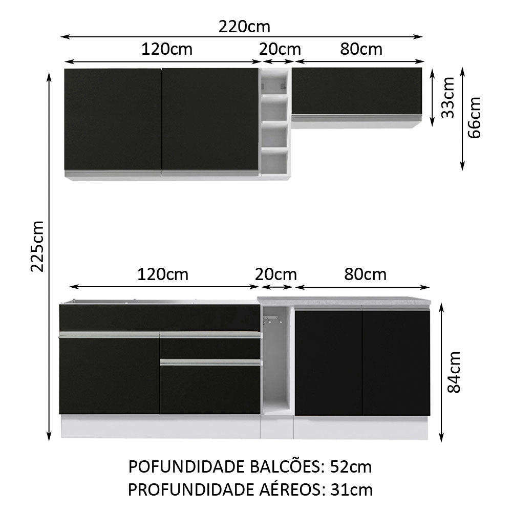 Armário de Cozinha Completa 220cm Branco/Preto Parma Madesa 03