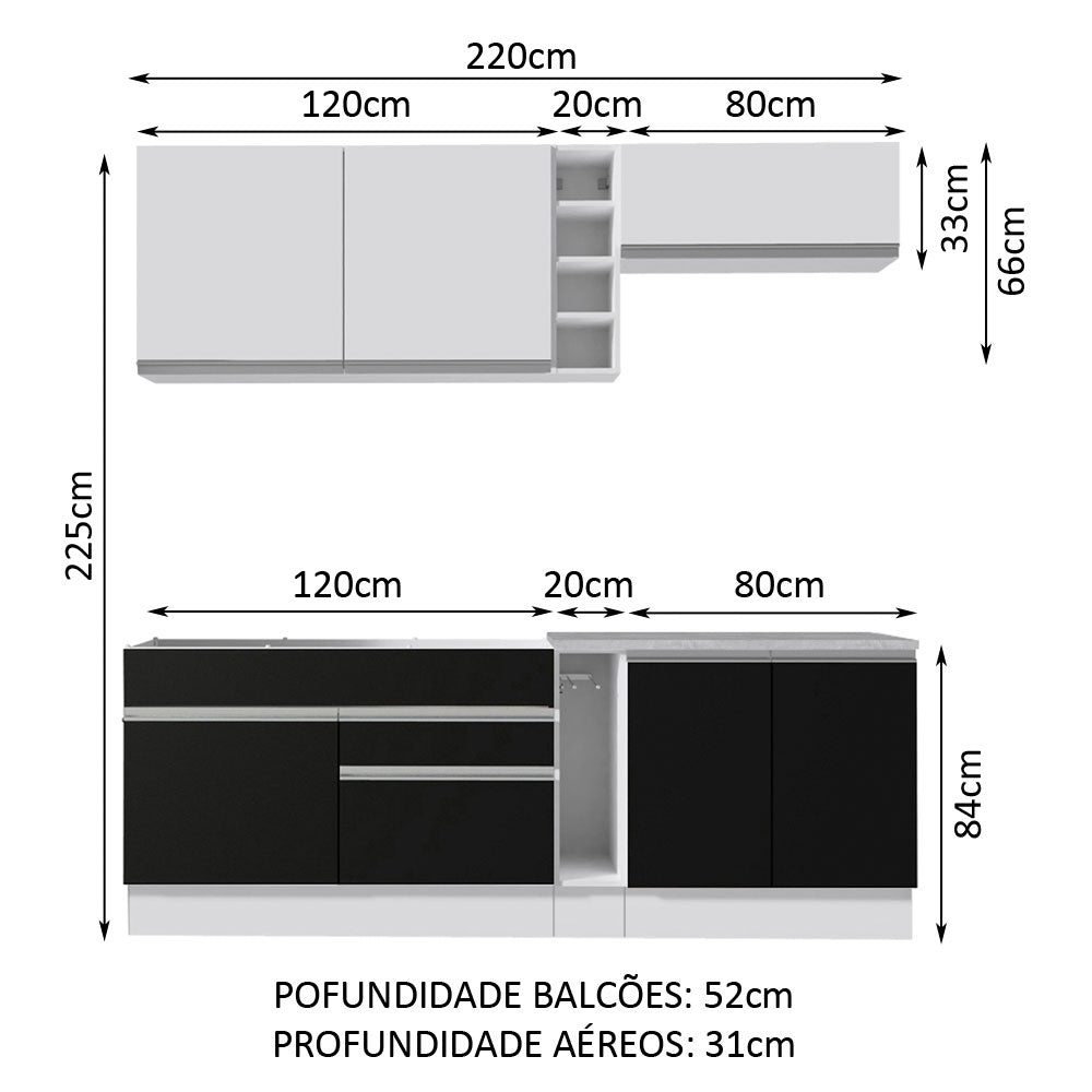 Armário de Cozinha Completa 220cm Branco/Preto/Branco Parma Madesa 03