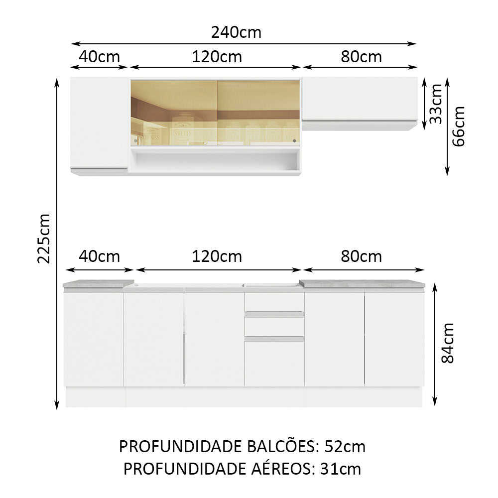 Armário de Cozinha Completa 240cm Branco Glamy Madesa 03