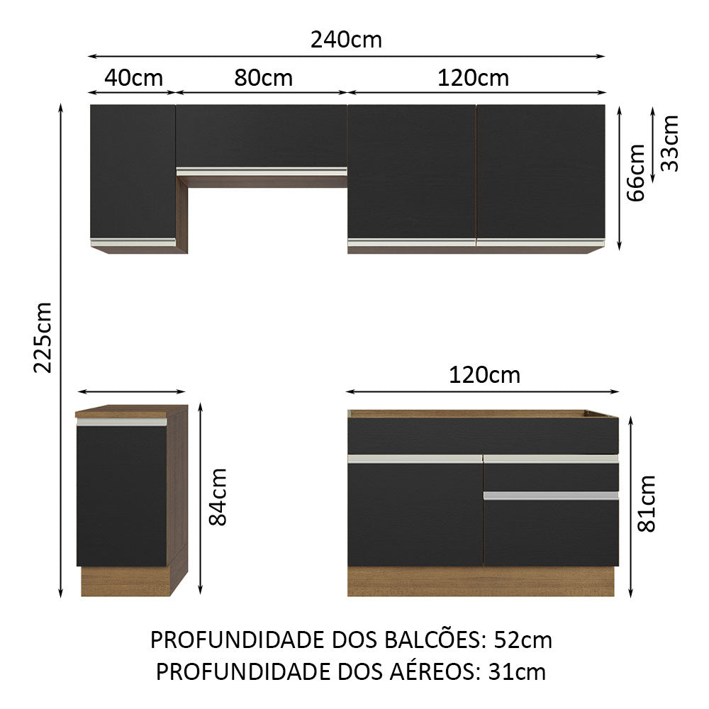 Armário de Cozinha Completa 240cm Rustic/Preto Glamy Madesa 07