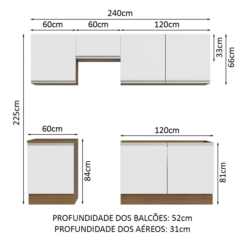 Armário de Cozinha Completa 240cm Rustic/Branco Glamy Madesa 09
